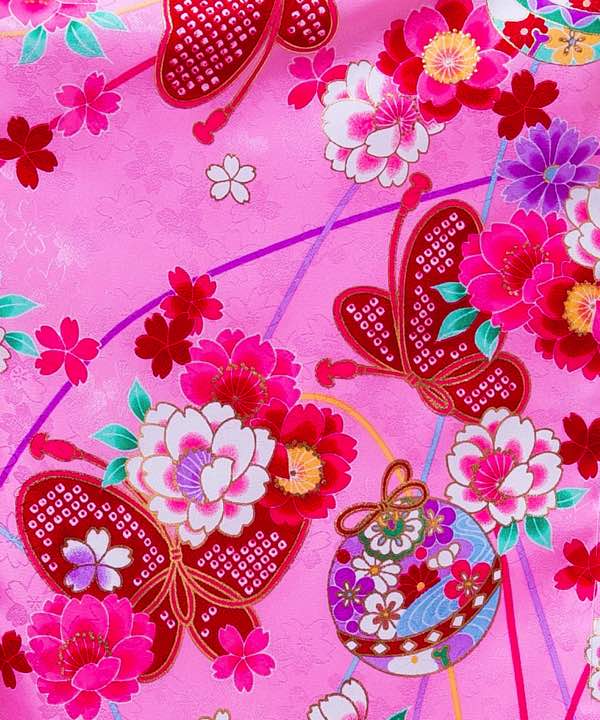 七五三(三歳)レンタル | ピンク地に桜柄 鈴に蝶の着物 ピンクに赤の被布