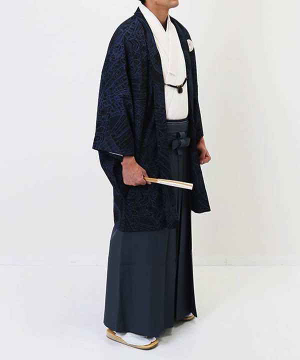 男性用 羽織袴レンタル | ネイビーの羽模様羽織
