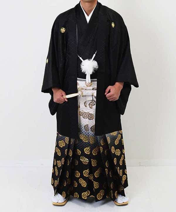 男性用 羽織袴レンタル | 黒の菱紋羽織に織田瓜ぼかし袴