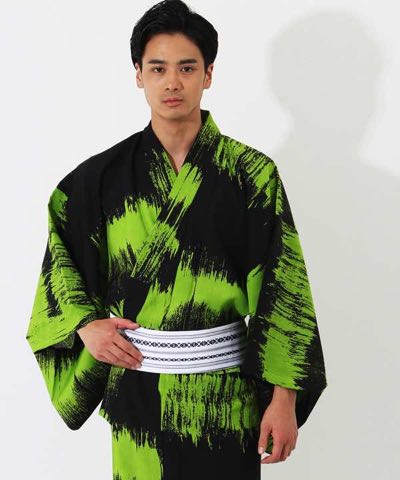 浴衣 | 【JUNKO KOSHINO】黒地に緑色のラフボーダー