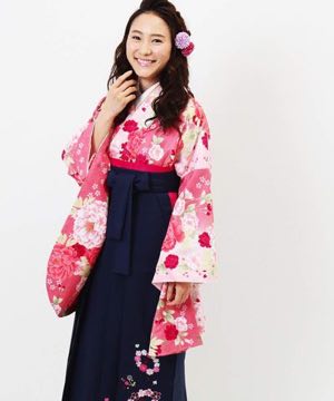 卒業式袴 | ガーリーズピンク×ピンク刺繍紺袴