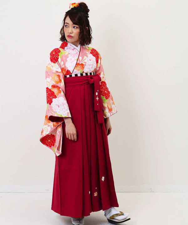 卒業式袴レンタル | 桃色に牡丹と桜 赤刺繍袴