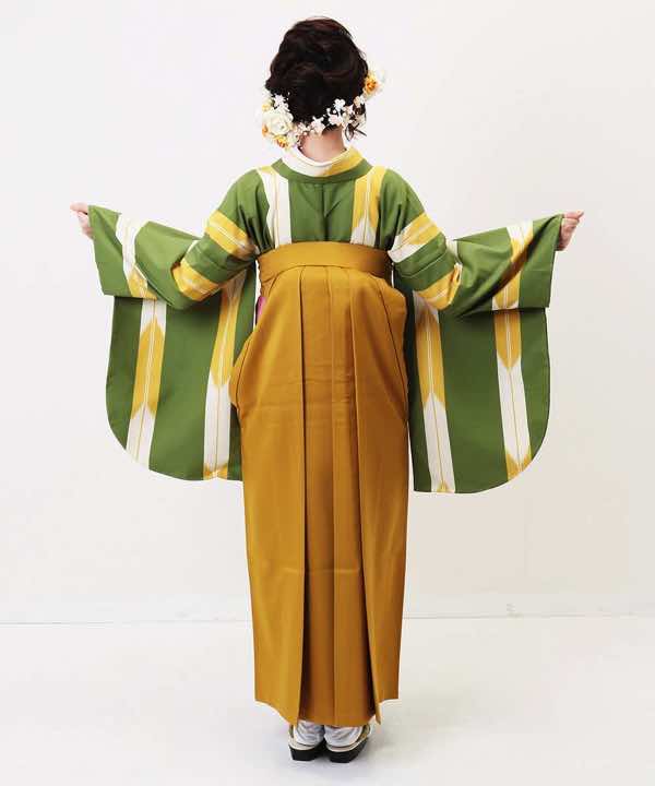 卒業式袴レンタル | ウグイス色の矢絣(細) 山吹刺繍袴