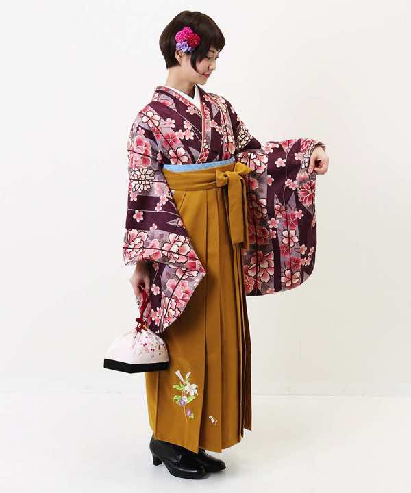 卒業式袴レンタル | 茶紫の大矢絣×山吹袴 百合刺繍