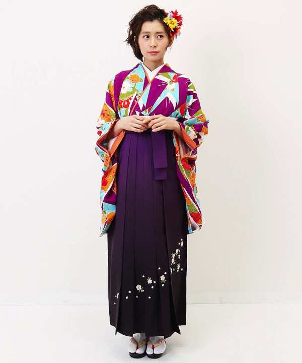 卒業式袴レンタル | 紫大矢羽根×紫暈し刺繍袴