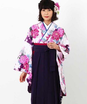 卒業式袴 | 白地に牡丹と桜と二段暈し 刺繍入り紫袴