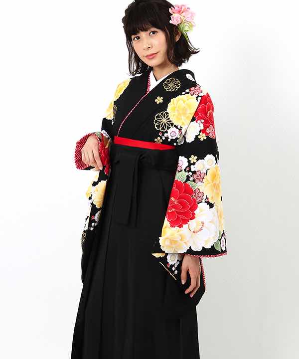 卒業式袴レンタル | 黒地に二色牡丹と桜 黒袴