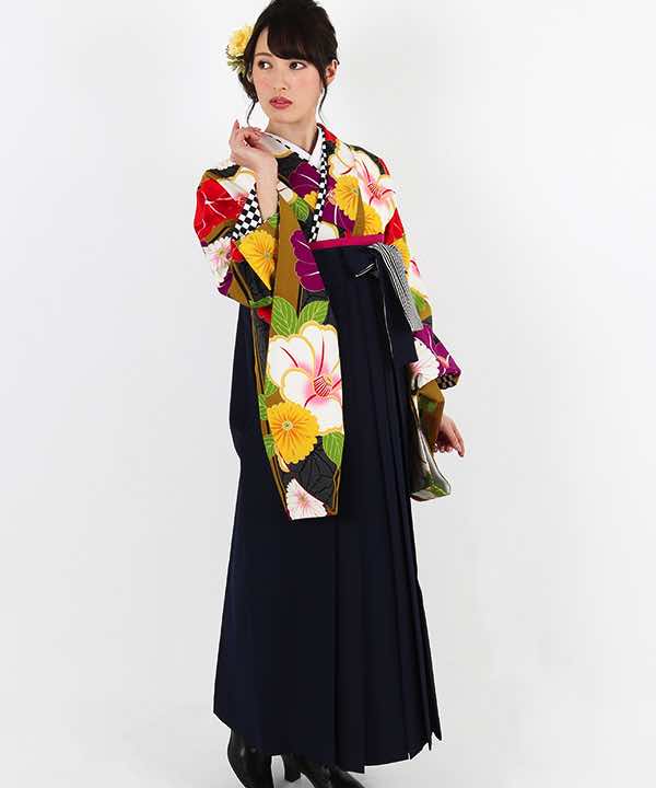 卒業式袴レンタル | 辛子色地に絞り調黒縞と花々 紺袴 (LLサイズ)