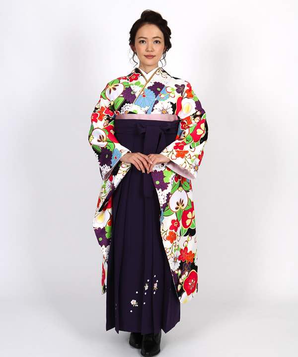 卒業式袴レンタル | 黒地 梅と菊に橘 刺繍入り紫袴