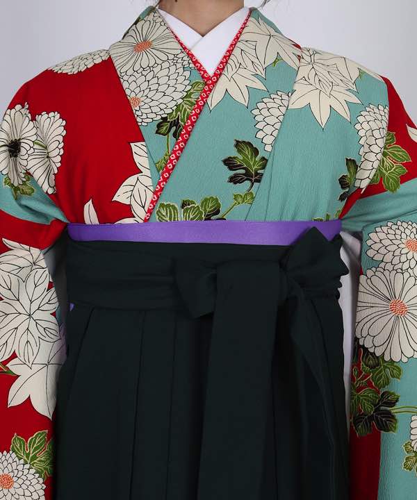 卒業式袴レンタル | 水色地に赤 菊と紅葉  花束文の深緑袴