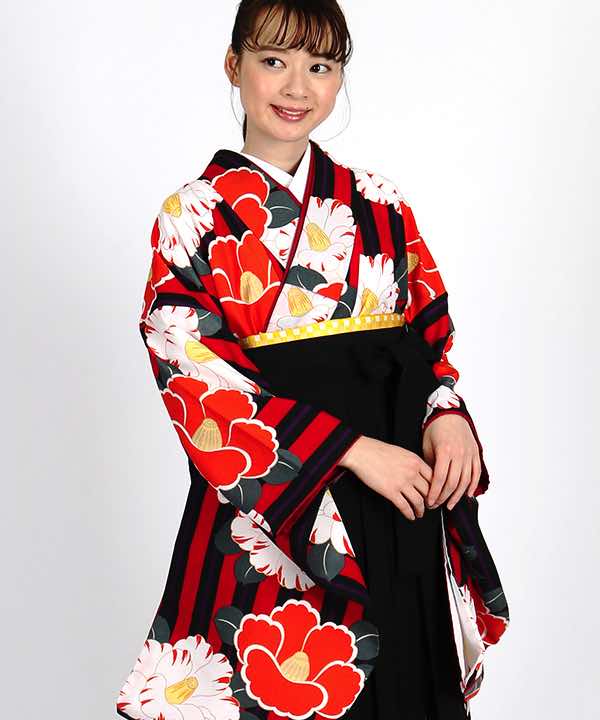 卒業式袴レンタル | 赤×黒 紅白椿 桜刺繍の黒袴