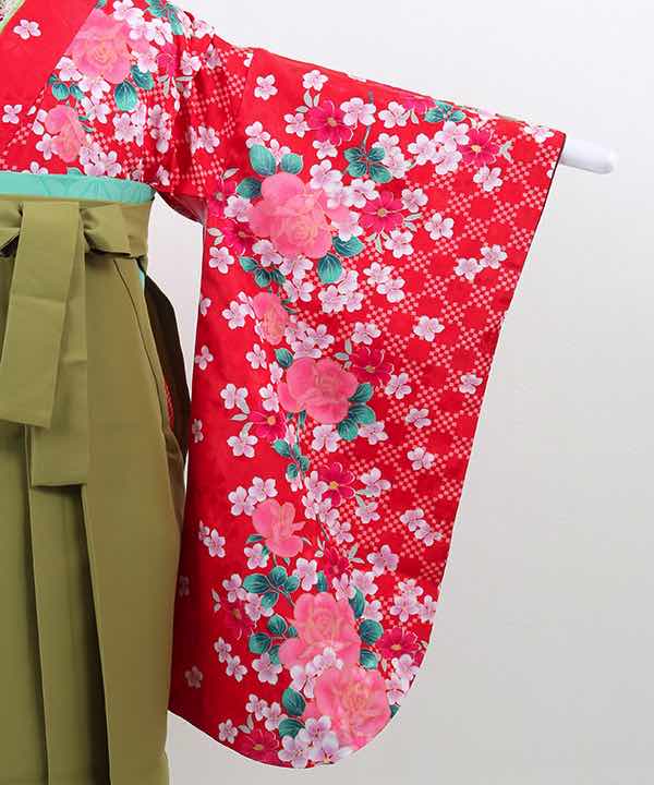 卒業式袴(小学生用)レンタル | 赤地に桜と椿 鶯色袴