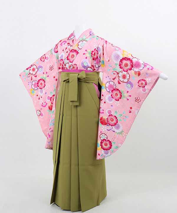卒業式袴(小学生用)レンタル | ピンク地に可愛らしい桜 鶯色袴
