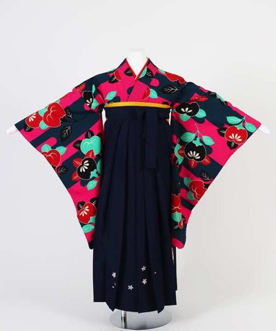 卒業式袴(小学生用) | 紺×ピンク 霞と橘 刺繍入り紺袴