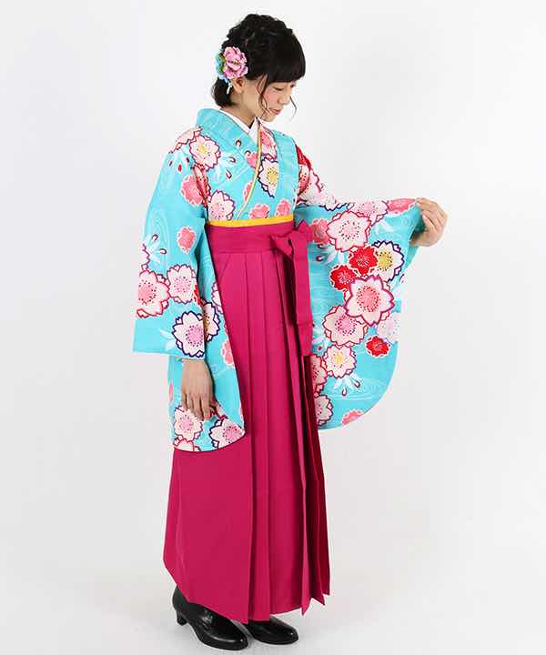 卒業式袴レンタル | 水色地に流水文と桜柄 濃ピンク袴