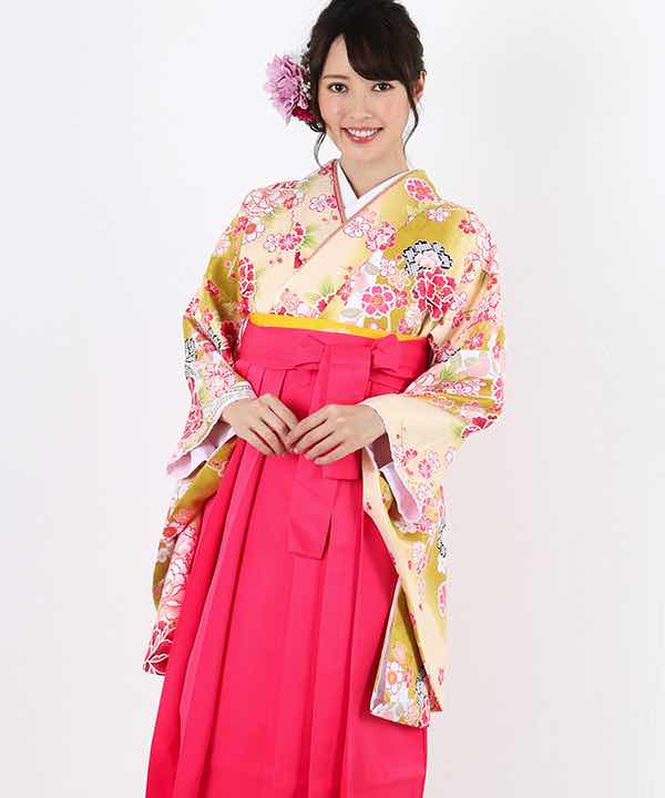 卒業式袴レンタル | 金暈しクリーム地に小花柄 濃ピンク袴