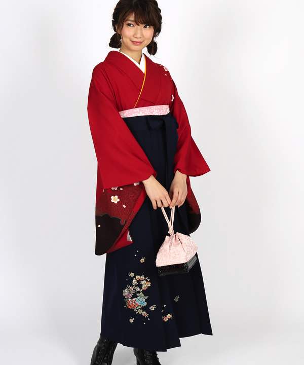 卒業式袴レンタル | 赤地に桜と雪輪 花丸文の紺袴