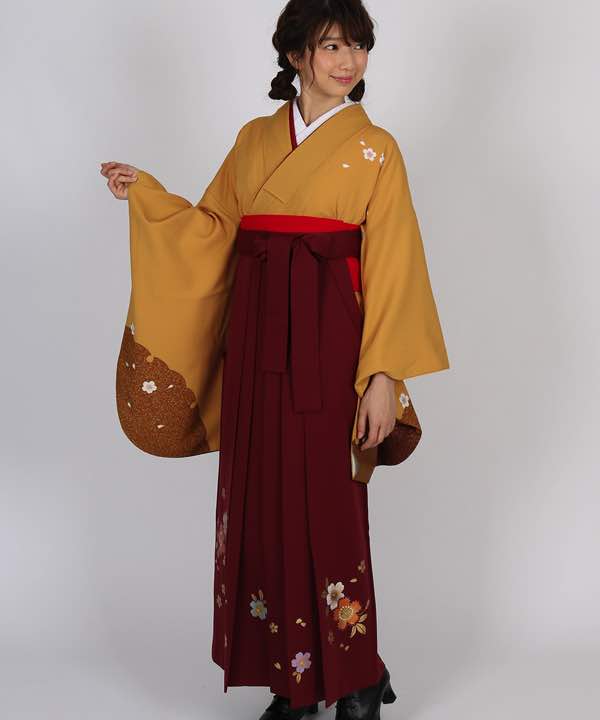 卒業式袴レンタル | 黄土色地に桜と雪輪 桜の臙脂袴