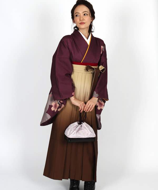卒業式袴レンタル | 小豆色地に桜とシルエット グラデーション茶袴