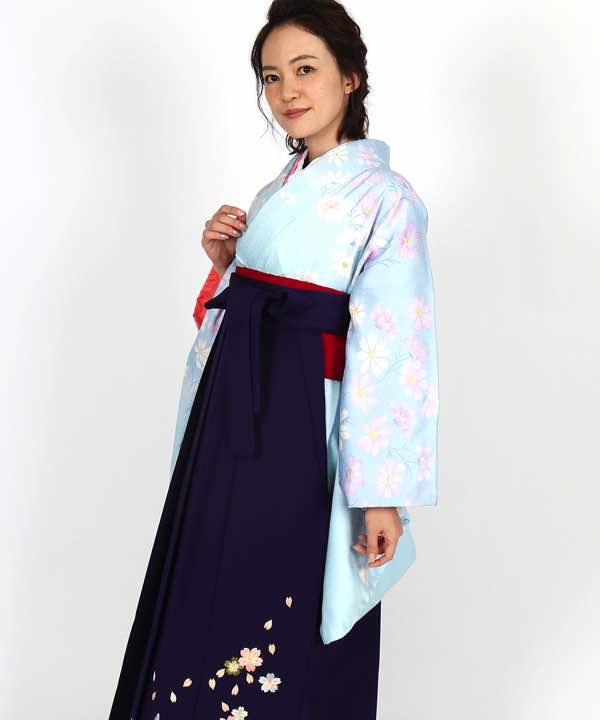 卒業式袴レンタル | 水色地に小花 桜の紫袴
