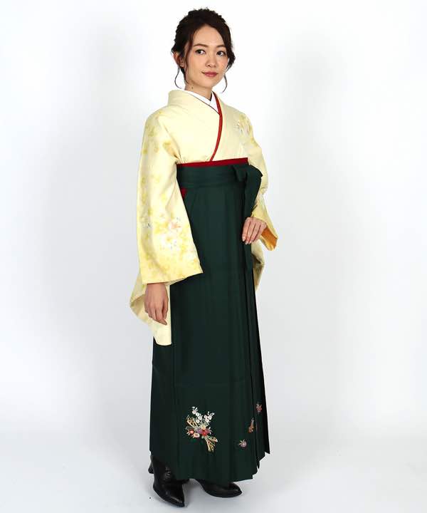 卒業式袴レンタル | 薄黄色地に八重桜 濃緑袴