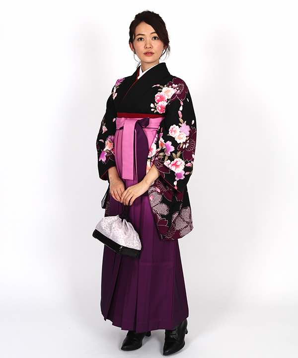 卒業式袴レンタル | 黒地に八重桜 ピンクと紫のグラデーション袴