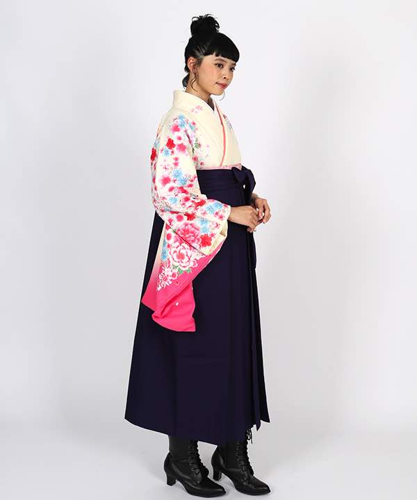 卒業式袴レンタル | 薄黄色地にピンク暈し 花と熨斗 紫袴
