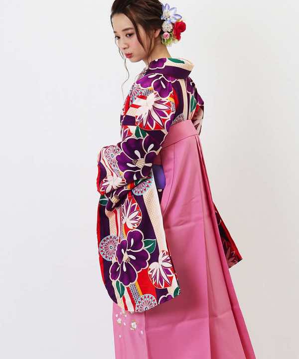 卒業式袴レンタル | 紫の縦縞に椿 ピンク刺繍袴