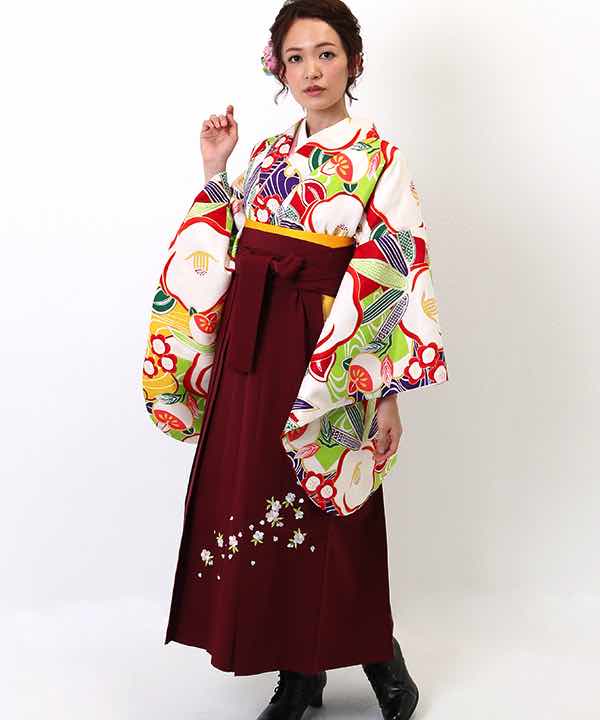 卒業式袴レンタル | 白地にカラフルな花と色紙 刺繍入り臙脂袴(S)