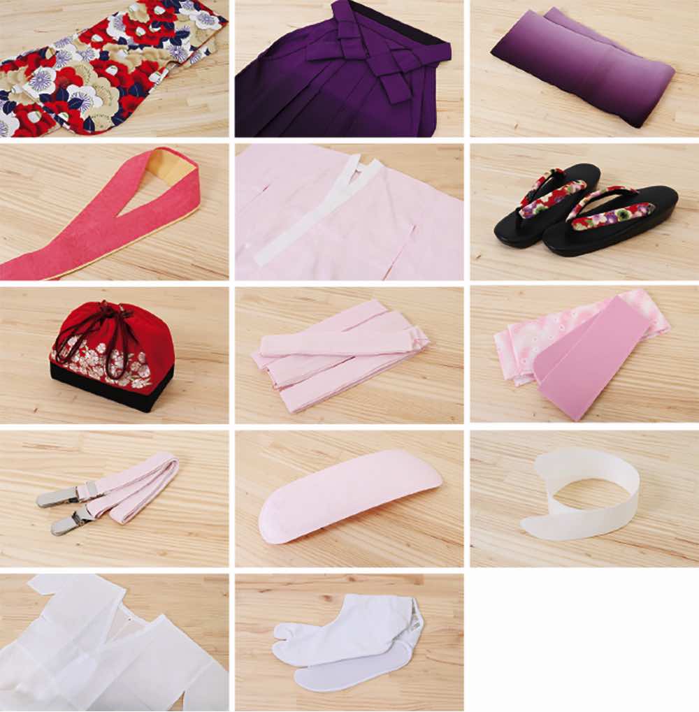 卒業式袴レンタル | クリーム地に菊と桜と赤暈し 刺繍入り紫袴(Lサイズ) のセット内容