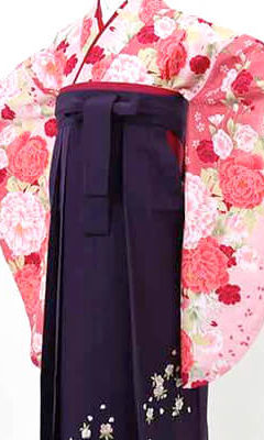 おすすめ卒業式袴(小学生用) レンタル | 濃淡ピンク地に桜と牡丹 刺繍入り濃紫袴