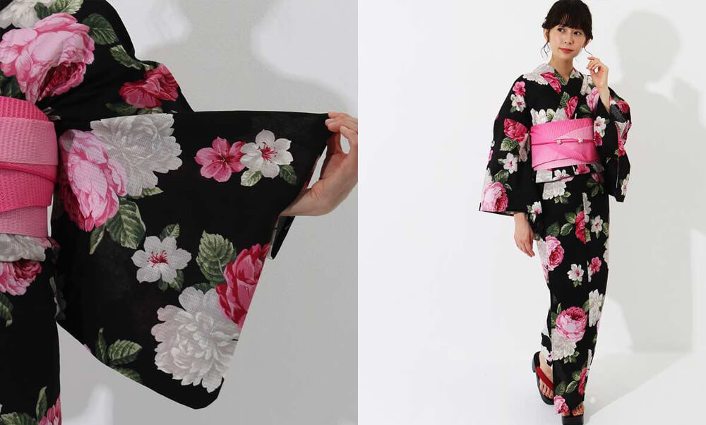 おすすめレディース浴衣レンタル | 【Shangrila】黒地にピンク×白の花文様_白とピンクの花