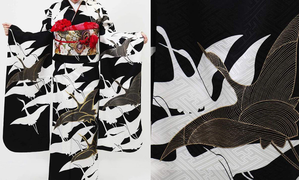 おすすめ振袖レンタル | TSURU_黒地に白い鶴のモダンなデザイン