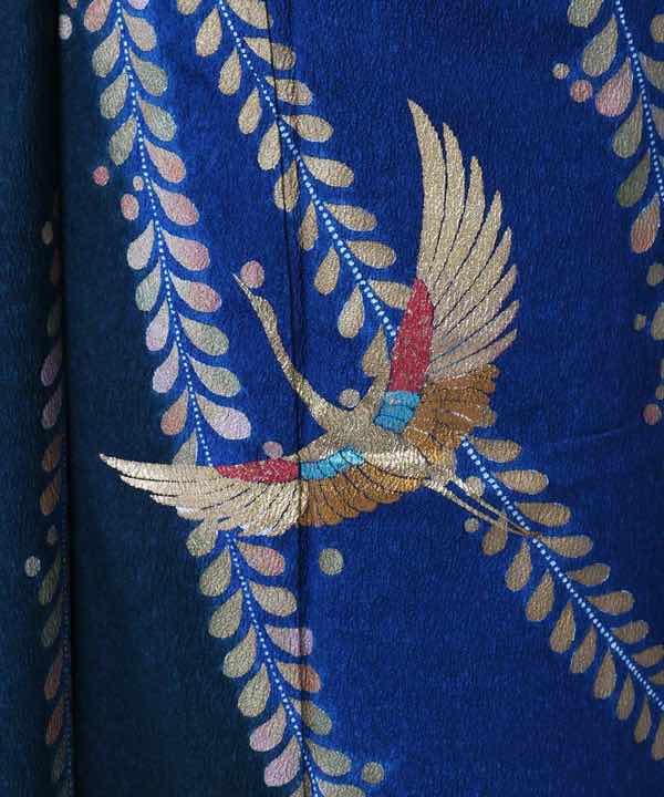 振袖レンタル | 藍色と萌葱色に金彩の鶴