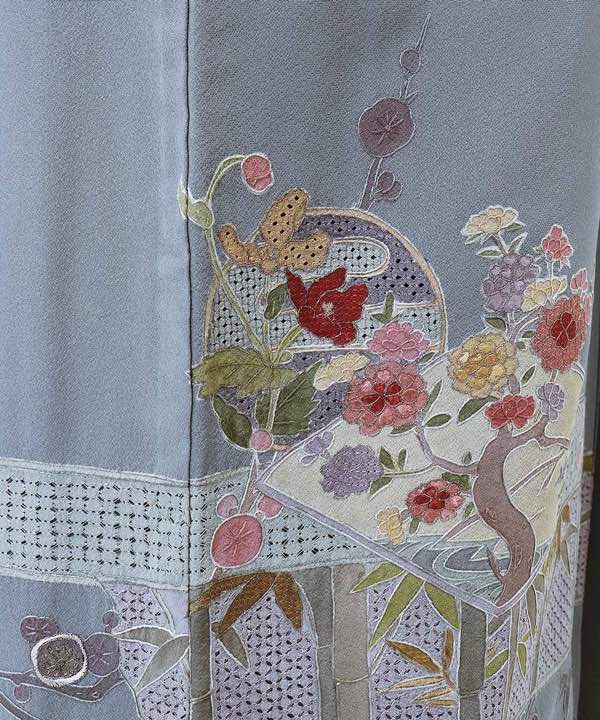 訪問着レンタル | 正絹 ブルーグレー地　四季の花に鶴スワトウ刺繍