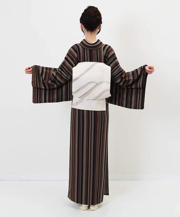 単衣レンタル | 正絹小紋 黒と茶縦縞模様 | hataori(ハタオリ)
