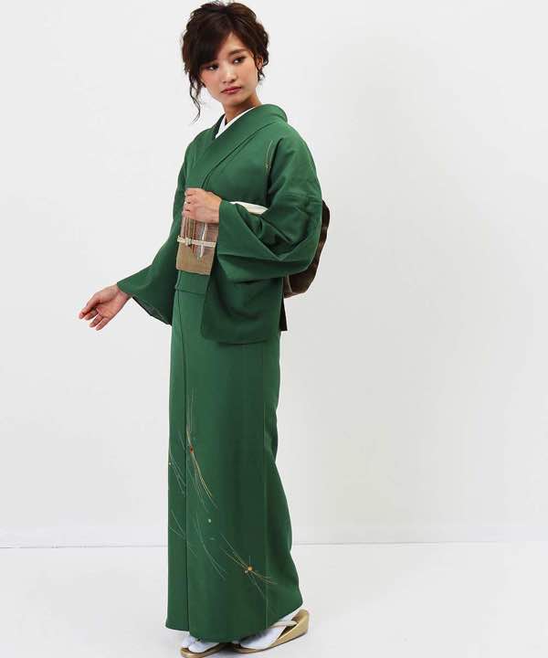 絽レンタル | 正絹訪問着 緑色モダン柄金駒刺繍