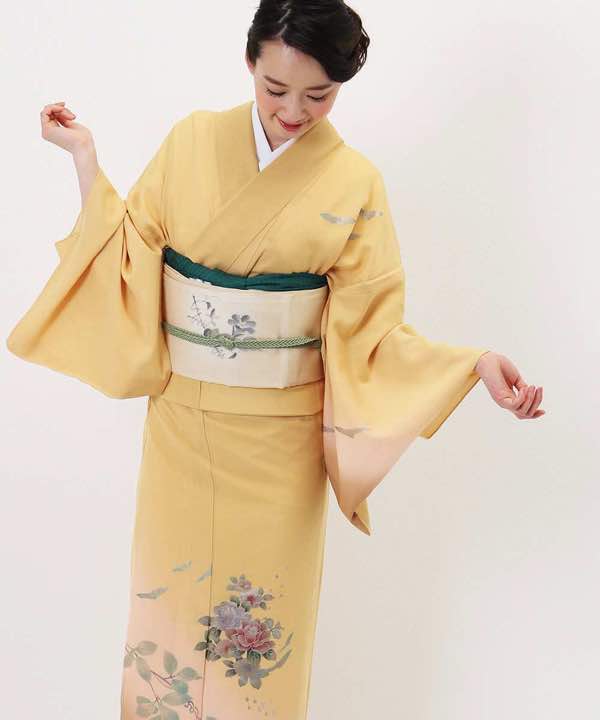 絽レンタル | 正絹訪問着 やわらかい黄色に花模様 | hataori(ハタオリ)