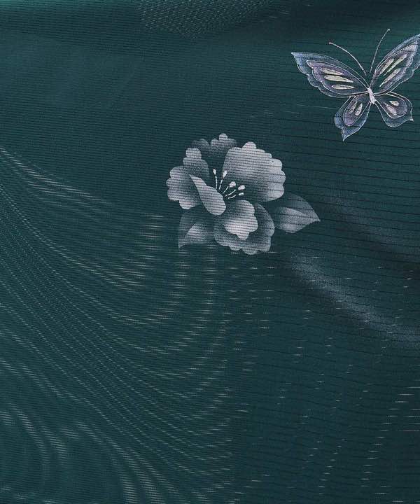 絽レンタル | 正絹訪問着 緑色蝶に花