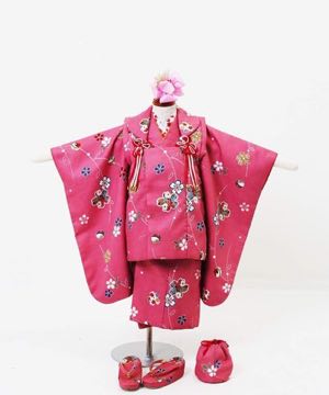 七五三(三歳) | ピンク地に桜、梅、鈴の模様