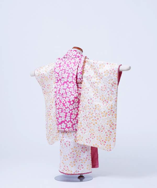 七五三(三歳)レンタル | 白地に桜模様の着物 ピンクの被布