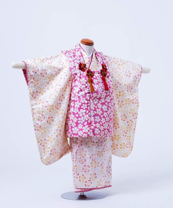 七五三(三歳)レンタル | 白地に桜模様の着物 ピンクの被布