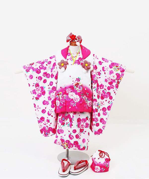 七五三(三歳)レンタル | 白地に桜柄の着物 白にピンクの被布