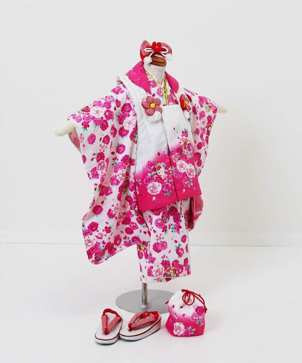 七五三(三歳)レンタル | 白地に桜柄の着物 白にピンクの被布
