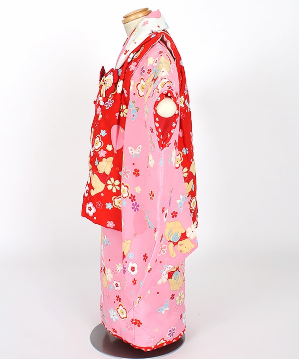 七五三 三歳 レンタル ディズニー ピンク地に小花とくまのプーさん 蝶と小花の赤被布 Hataori ハタオリ