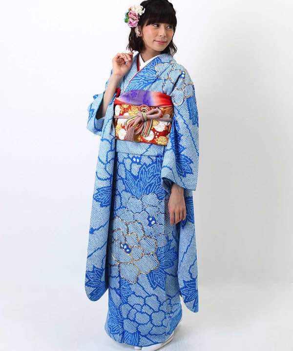 振袖レンタル | 青地の総絞り 金刺繍の牡丹 | hataori(ハタオリ)