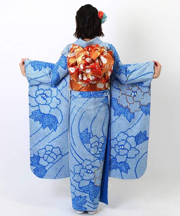 振袖レンタル | 青地の総絞り 金刺繍の牡丹 | hataori(ハタオリ)