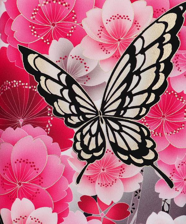 振袖レンタル | ピンク 白地に黒暈し 桜の花に蝶
