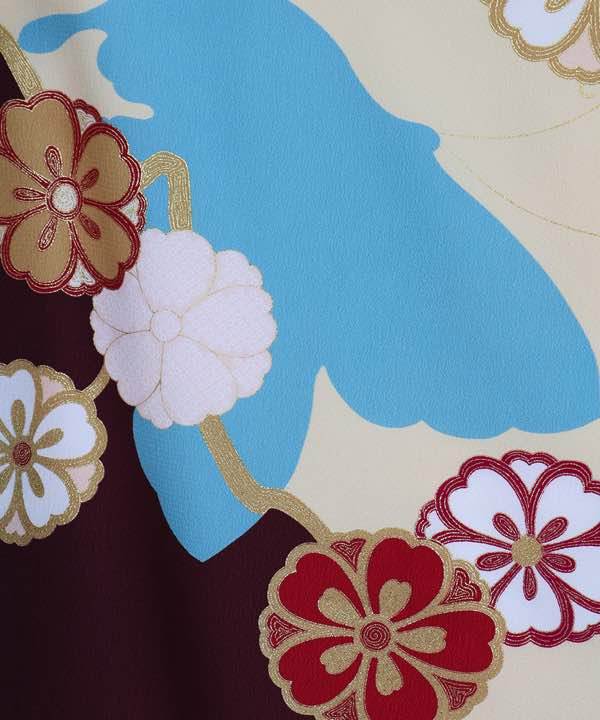 振袖レンタル | クリーム地 小豆色 桜と蝶のシルエット