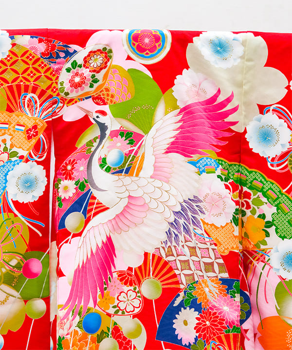 産着(お宮参り)|鶴と扇に花々